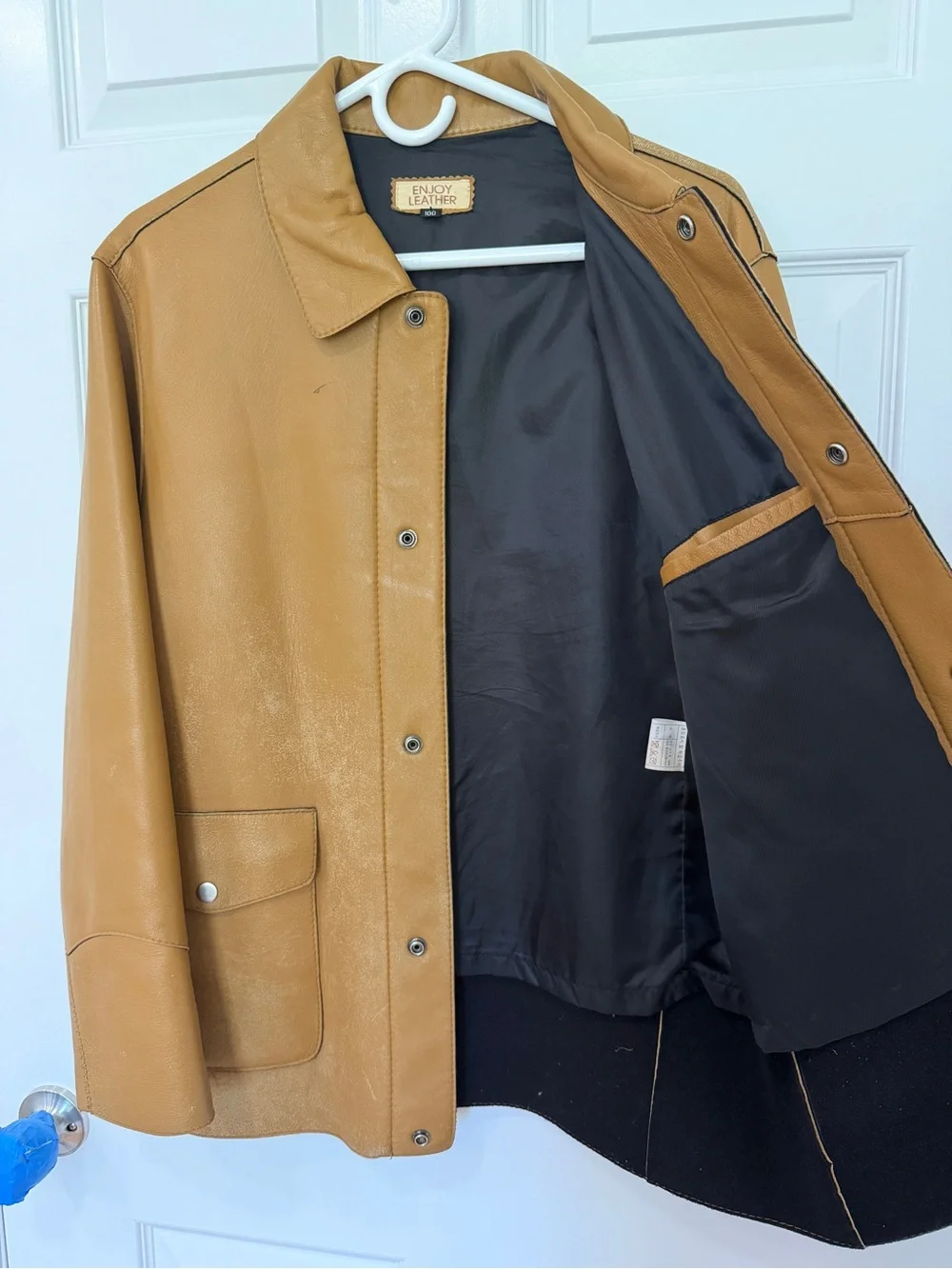 Vintage Men’s “Enjoy Leather” Camel Barn Jacket/Car Coat